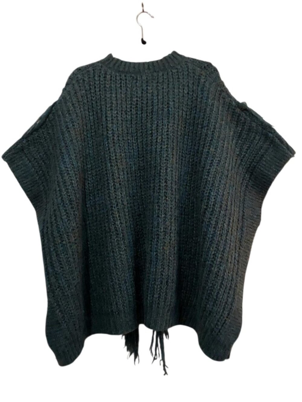 Anthropologie Fringe Cable Knit Poncho Sweater Marled Teal Oversized Boho - OS - Picture 7 of 10